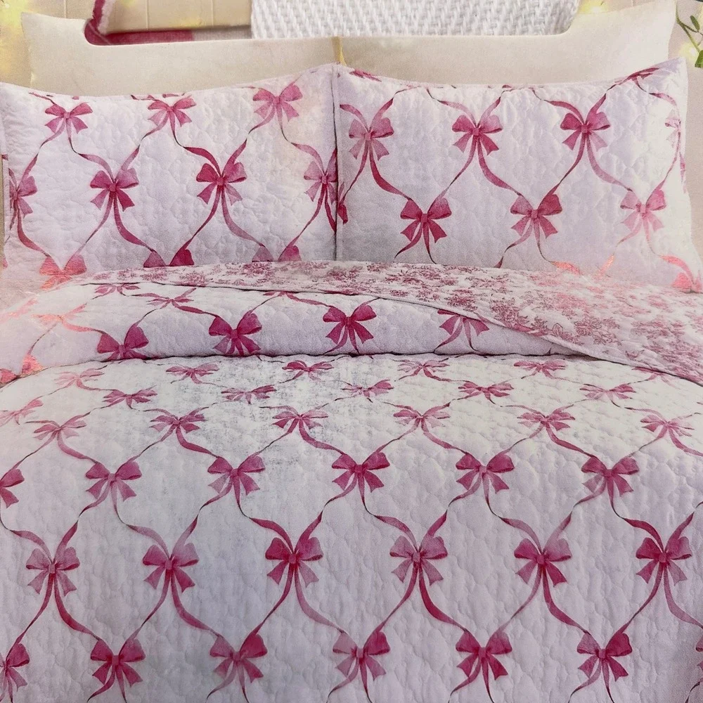 Modern Heirloom Abigail Bow Quilt Set Twin White Pink Ribbon Coquette Cottage
